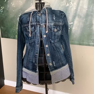 Distressed Jean jacket with hood and faux shirt underneath size medium